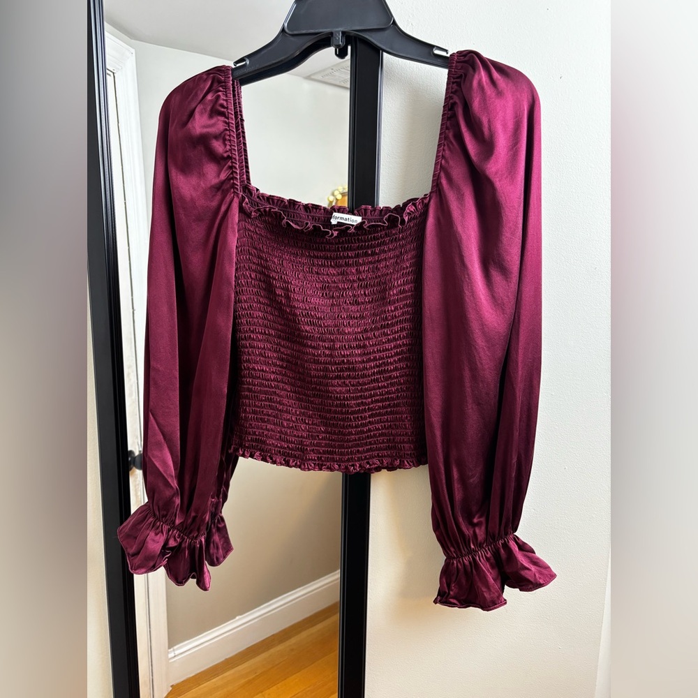 Reformation Silk Chamomile Plum Burgundy Smocked blouse long sleeve square neck